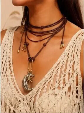 Gold Moon & Star Pendant on Brown Cord Necklace